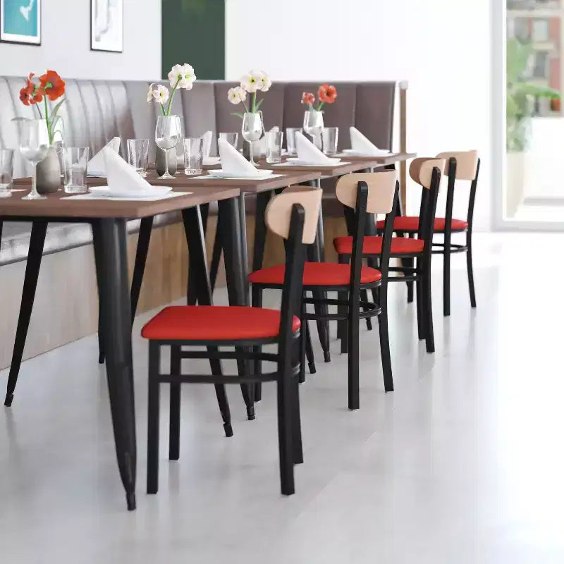 Chaise de salle à manger commerciale Flash Furniture Wright avec cadre en acier de 227 kg de capacité, assise en bois massif et dossier boomerang