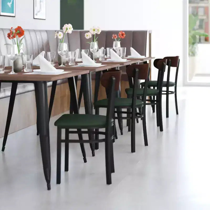 Chaise de salle à manger commerciale Flash Furniture Wright avec cadre en acier de 227 kg de capacité, assise en bois massif et dossier boomerang
