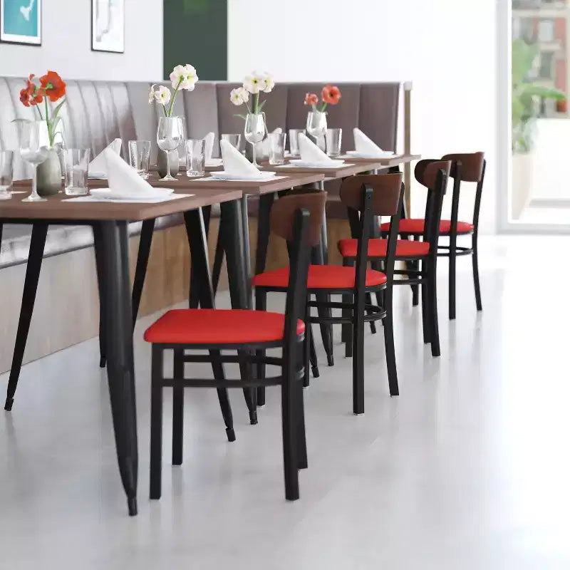 Chaise de salle à manger commerciale Flash Furniture Wright avec cadre en acier de 227 kg de capacité, assise en bois massif et dossier boomerang