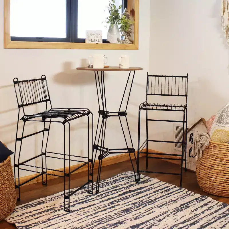 Sunnydaze 3-Piece Indoor Furniture Steel Wire Bar Set with Faux Woodgrain Tabletop - Brown - 3 pc