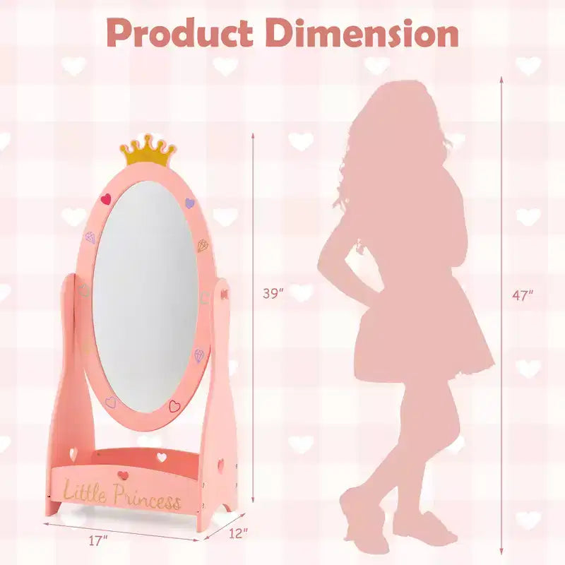 Costway Kids Full Length Mirror Free-Standing 360 Dressing Wooden Princess Storage Pink