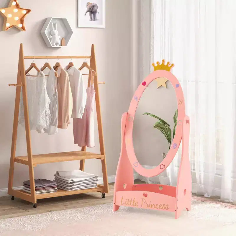 Costway Kids Full Length Mirror Free-Standing 360 Dressing Wooden Princess Storage Pink