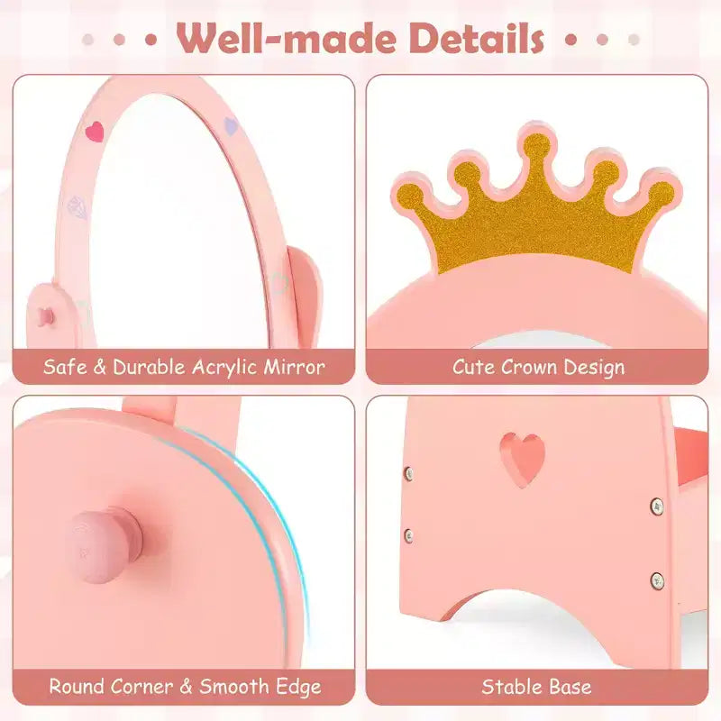 Costway Kids Full Length Mirror Free-Standing 360 Dressing Wooden Princess Storage Pink