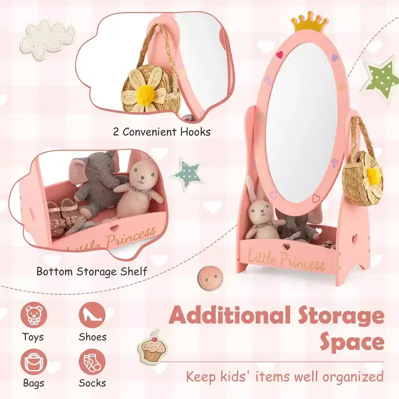 Costway Kids Full Length Mirror Free-Standing 360 Dressing Wooden Princess Storage Pink