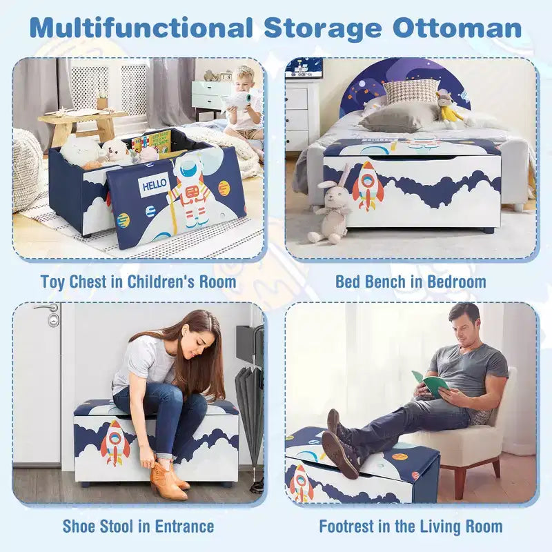 Banc Ottoman de Rangement Rembourré Costway pour Enfants, Coffre à Jouets Polyvalent, Repose-Pieds avec Couvercle