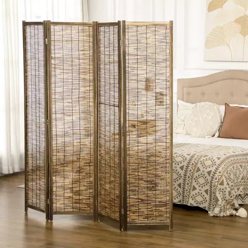 Séparateur de pièce HOMCOM de 167 cm de haut en bois et roseau tressé à la main, paravent pliable à 4 panneaux, cloison de séparation portable