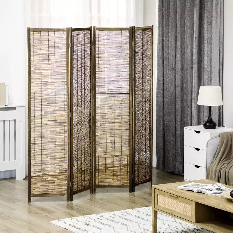 Séparateur de pièce HOMCOM de 167 cm de haut en bois et roseau tressé à la main, paravent pliable à 4 panneaux, cloison de séparation portable