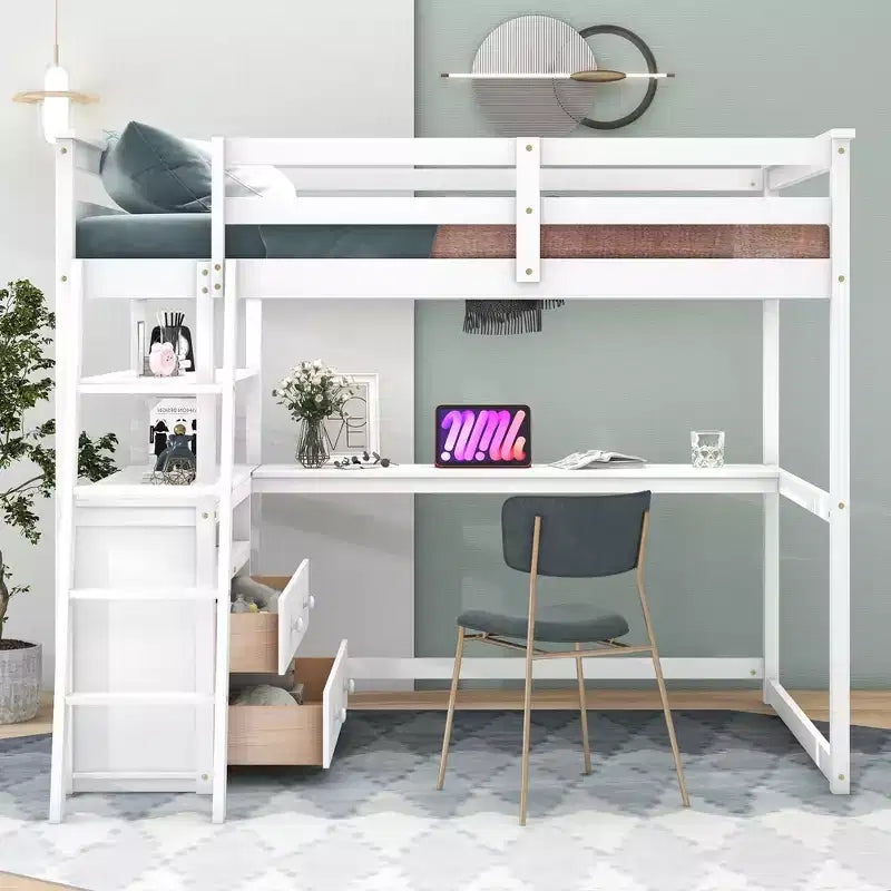 Lit mezzanine pleine grandeur avec bureau, étagère et deux tiroirs intégrés - ModernLuxe