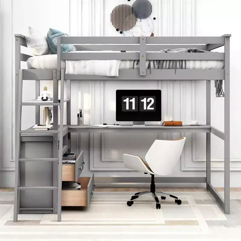 Lit mezzanine pleine grandeur avec bureau, étagère et deux tiroirs intégrés - ModernLuxe