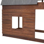 Twin over Twin Wood House Bunk Bed with Roof, Ladder and 2 Windows, Oak & Smoky Gray - ModernLuxe