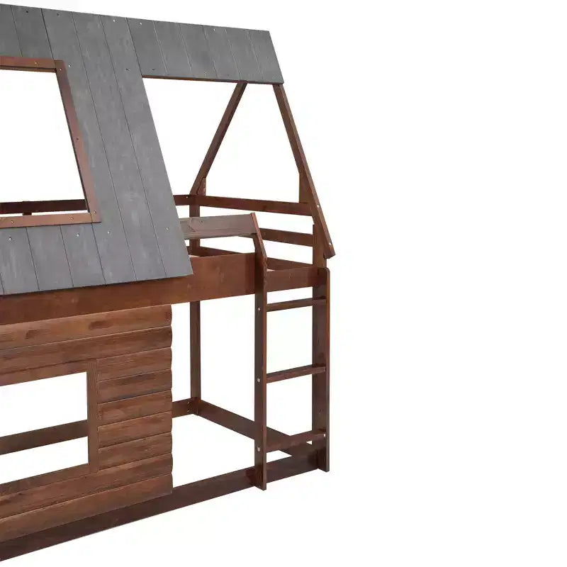 Twin over Twin Wood House Bunk Bed with Roof, Ladder and 2 Windows, Oak & Smoky Gray - ModernLuxe