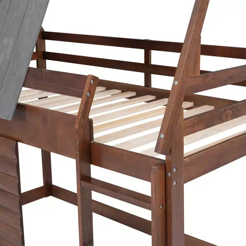 Twin over Twin Wood House Bunk Bed with Roof, Ladder and 2 Windows, Oak & Smoky Gray - ModernLuxe
