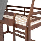 Twin over Twin Wood House Bunk Bed with Roof, Ladder and 2 Windows, Oak & Smoky Gray - ModernLuxe