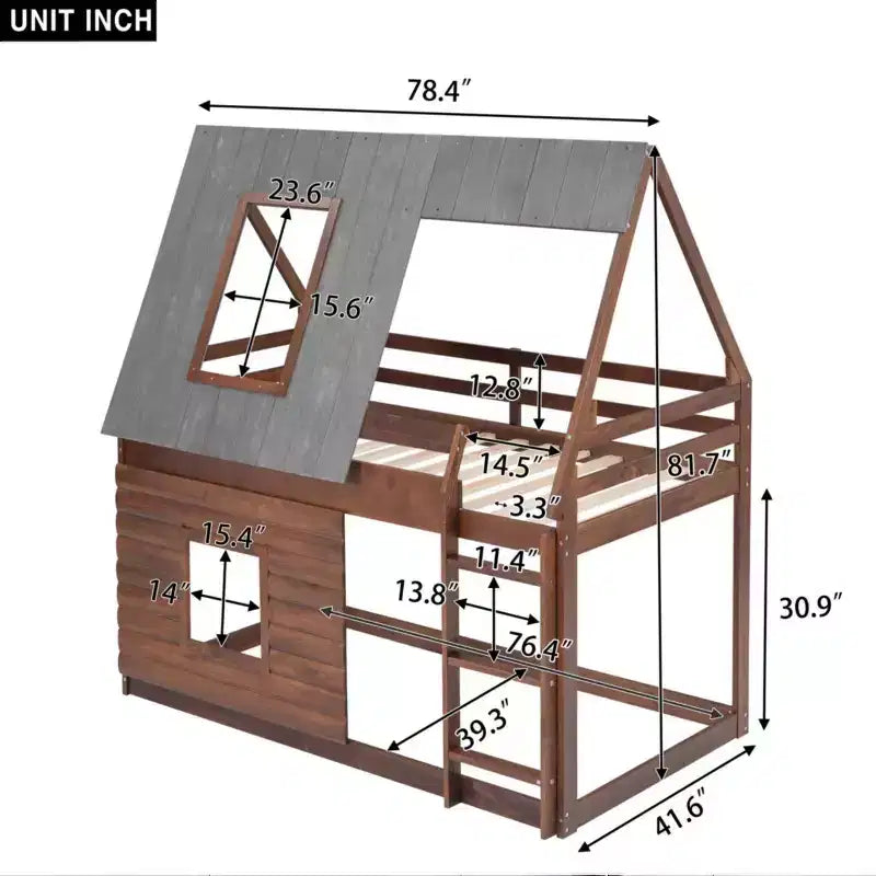 Twin over Twin Wood House Bunk Bed with Roof, Ladder and 2 Windows, Oak & Smoky Gray - ModernLuxe