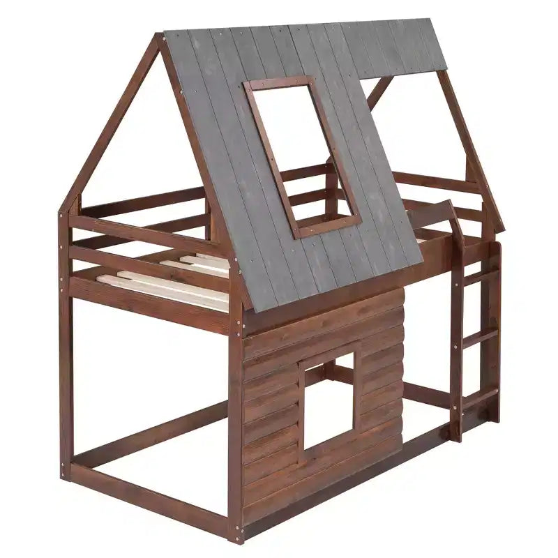 Twin over Twin Wood House Bunk Bed with Roof, Ladder and 2 Windows, Oak & Smoky Gray - ModernLuxe