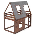 Twin over Twin Wood House Bunk Bed with Roof, Ladder and 2 Windows, Oak & Smoky Gray - ModernLuxe