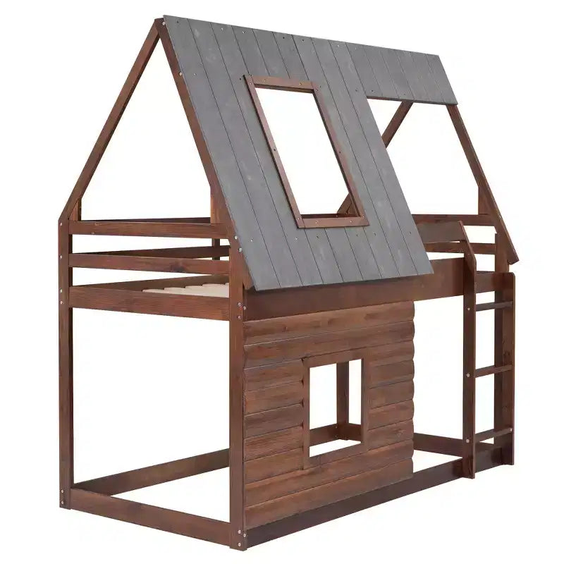 Twin over Twin Wood House Bunk Bed with Roof, Ladder and 2 Windows, Oak & Smoky Gray - ModernLuxe