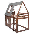 Twin over Twin Wood House Bunk Bed with Roof, Ladder and 2 Windows, Oak & Smoky Gray - ModernLuxe