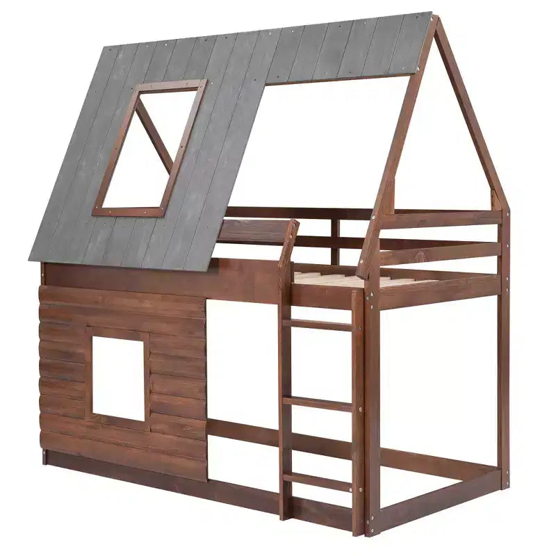 Twin over Twin Wood House Bunk Bed with Roof, Ladder and 2 Windows, Oak & Smoky Gray - ModernLuxe