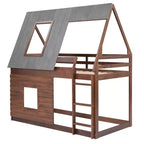Twin over Twin Wood House Bunk Bed with Roof, Ladder and 2 Windows, Oak & Smoky Gray - ModernLuxe
