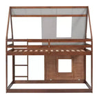 Twin over Twin Wood House Bunk Bed with Roof, Ladder and 2 Windows, Oak & Smoky Gray - ModernLuxe