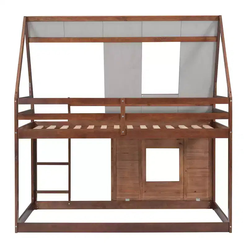 Twin over Twin Wood House Bunk Bed with Roof, Ladder and 2 Windows, Oak & Smoky Gray - ModernLuxe