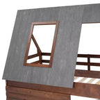 Twin over Twin Wood House Bunk Bed with Roof, Ladder and 2 Windows, Oak & Smoky Gray - ModernLuxe