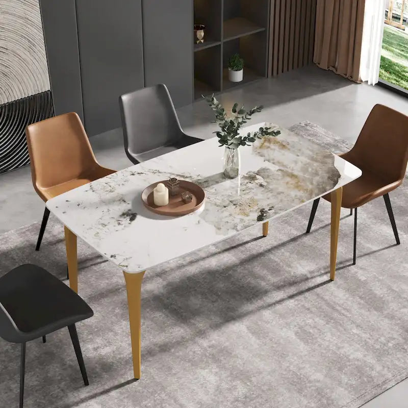 Table à manger moderne en ardoise, plateau en pierre frittée motif Pandora et pieds en métal.