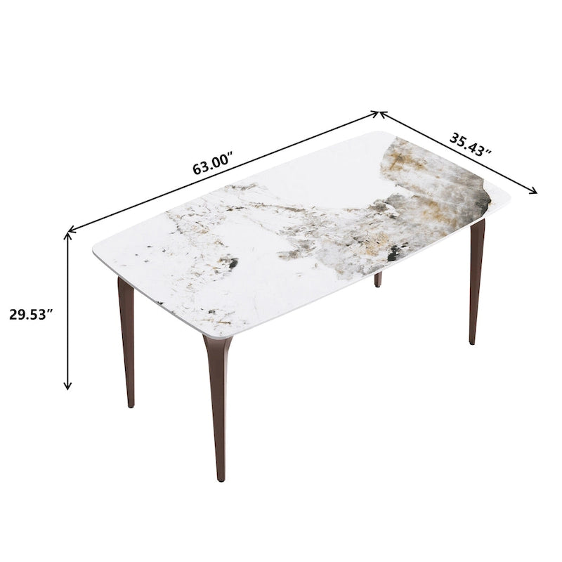 Table à manger moderne en ardoise, plateau en pierre frittée motif Pandora et pieds en métal.