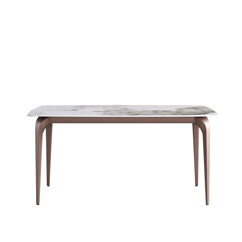 Table à manger moderne en ardoise, plateau en pierre frittée motif Pandora et pieds en métal.