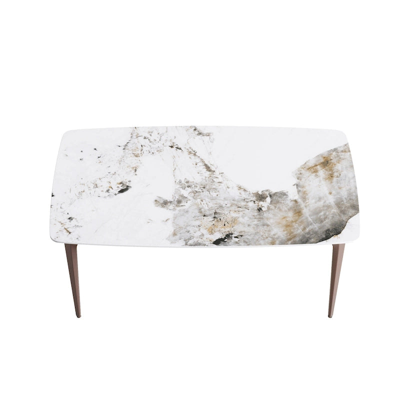 Table à manger moderne en ardoise, plateau en pierre frittée motif Pandora et pieds en métal.