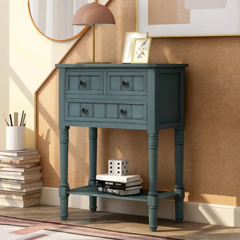 Console étroite avec trois tiroirs de rangement et une étagère