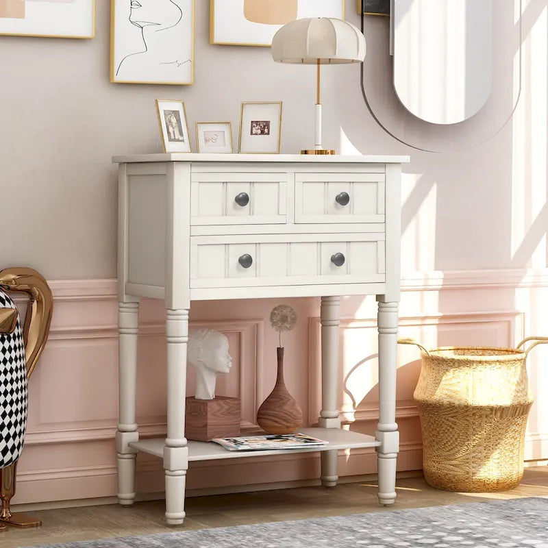 Console étroite avec trois tiroirs de rangement et une étagère