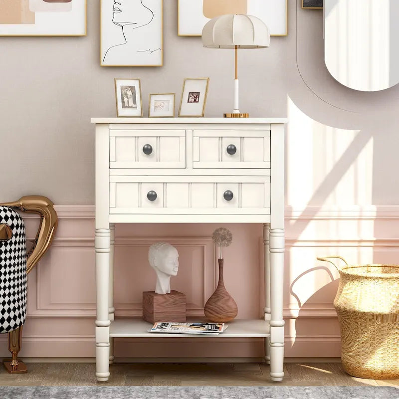 Console étroite avec trois tiroirs de rangement et une étagère