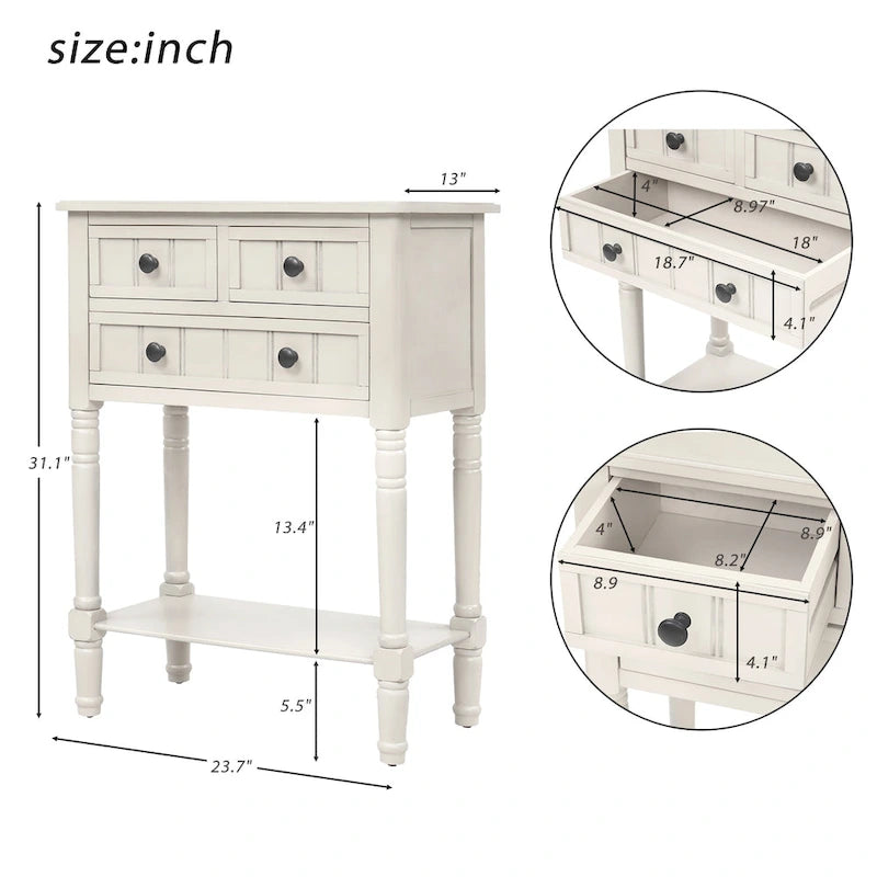 Console étroite avec trois tiroirs de rangement et une étagère