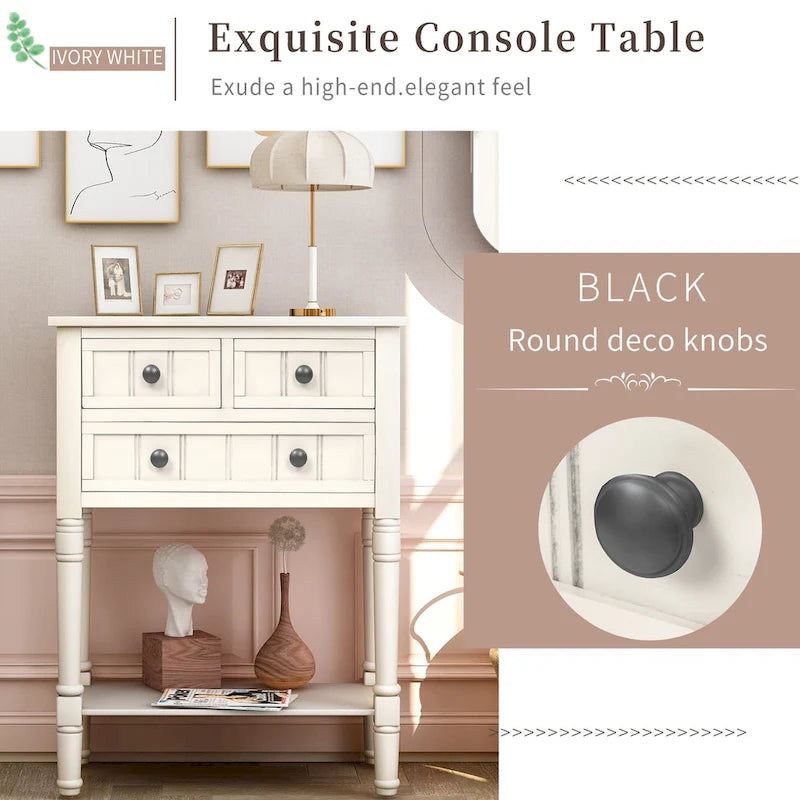 Console étroite avec trois tiroirs de rangement et une étagère