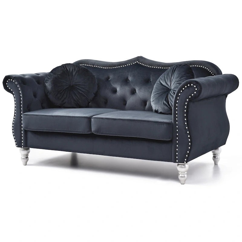 Causeuse chesterfield Hollywood 68 po en velours avec 2 coussins décoratifs - 68 L x 35 l x 34 H