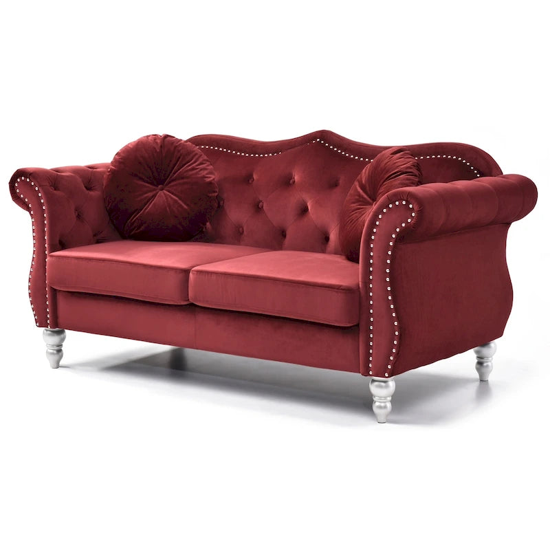 Causeuse chesterfield Hollywood 68 po en velours avec 2 coussins décoratifs - 68 L x 35 l x 34 H