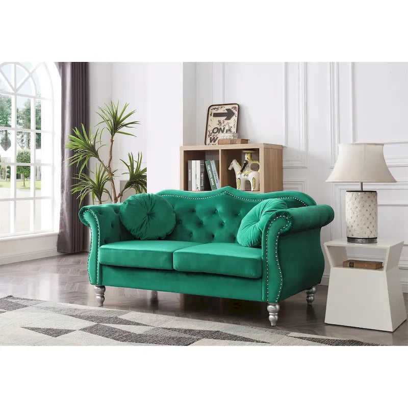 Causeuse chesterfield Hollywood 68 po en velours avec 2 coussins décoratifs - 68 L x 35 l x 34 H