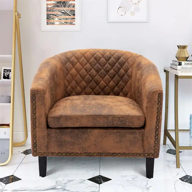 Fauteuil d'appoint Barrel avec clous décoratifs et pieds en bois massif
