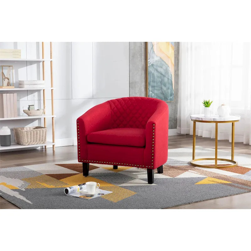 Fauteuil d'appoint Barrel avec clous décoratifs et pieds en bois massif