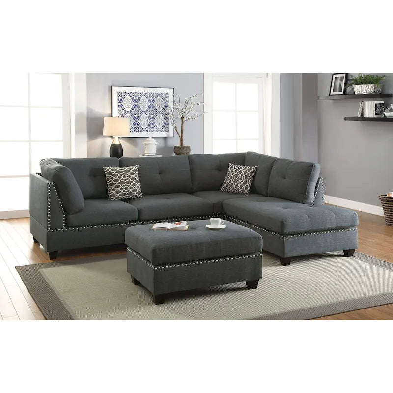 Ensemble de canapé sectionnel réversible 3 places Bobkona Chaise (capitonnée)