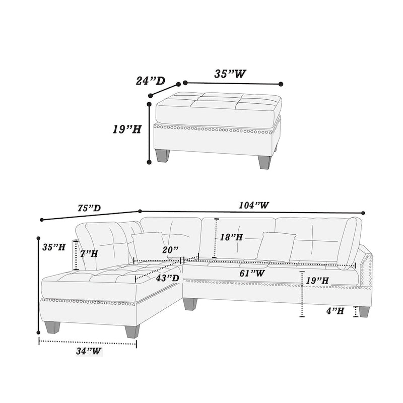 Ensemble de canapé sectionnel réversible 3 places Bobkona Chaise (capitonnée)