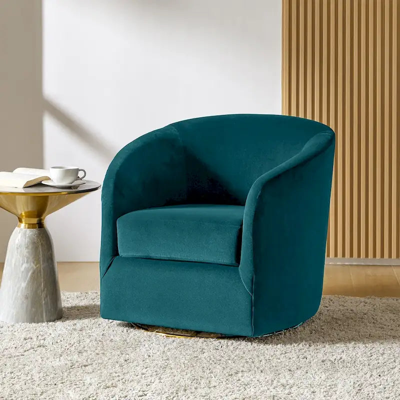 Eleuterio Modern Velvet Curved Swivel Accent Barrel Chair with Metal Base by HULALA HOME