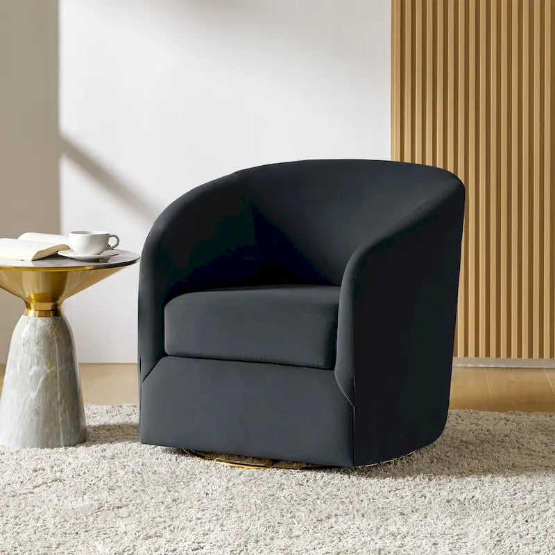 Eleuterio Modern Velvet Curved Swivel Accent Barrel Chair with Metal Base by HULALA HOME