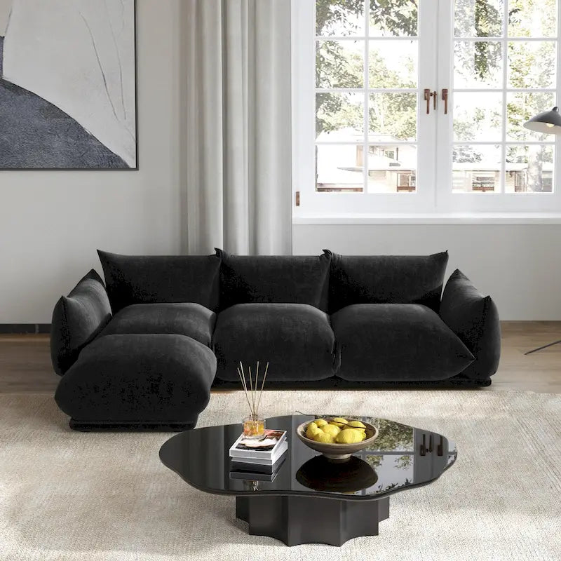 Canapé d'angle en L, canapé modulable minimaliste en chenille avec pouf