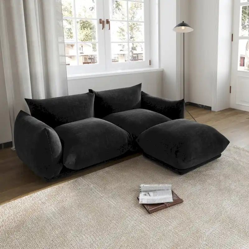Canapé d'angle en L, canapé modulable minimaliste en chenille avec pouf