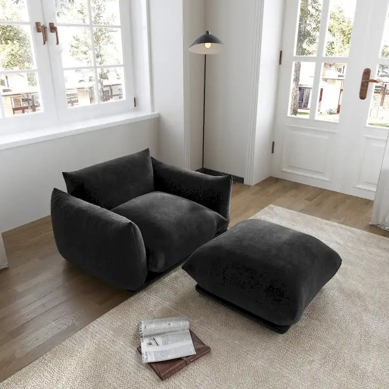 Canapé d'angle en L, canapé modulable minimaliste en chenille avec pouf
