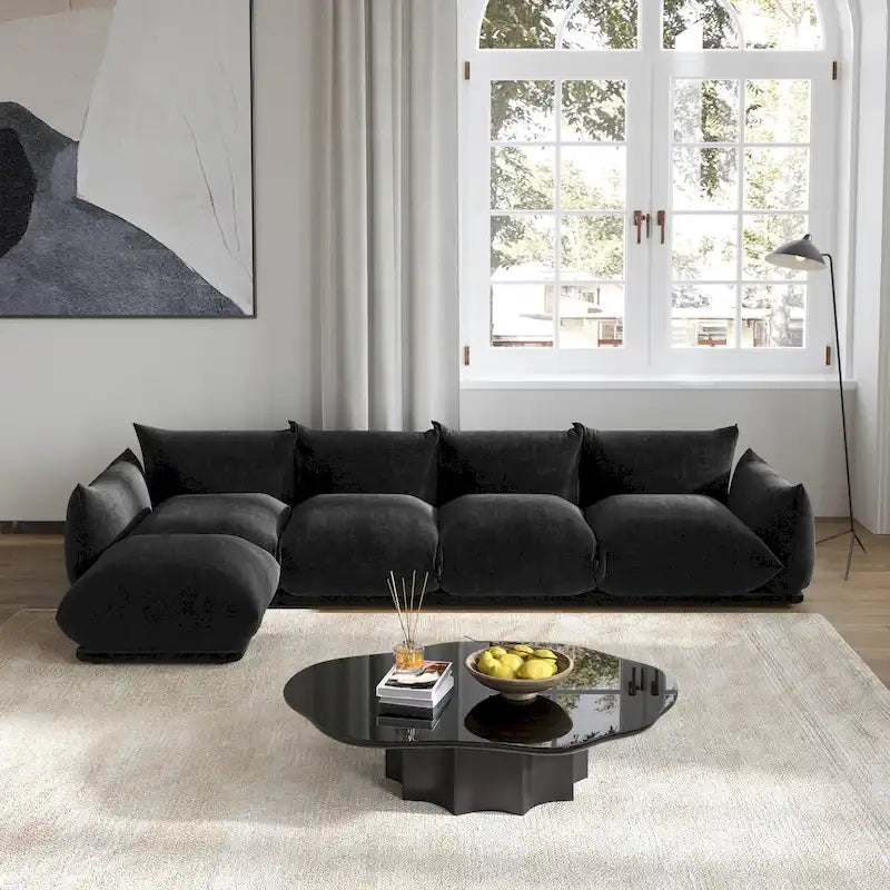 Canapé d'angle en L, canapé modulable minimaliste en chenille avec pouf