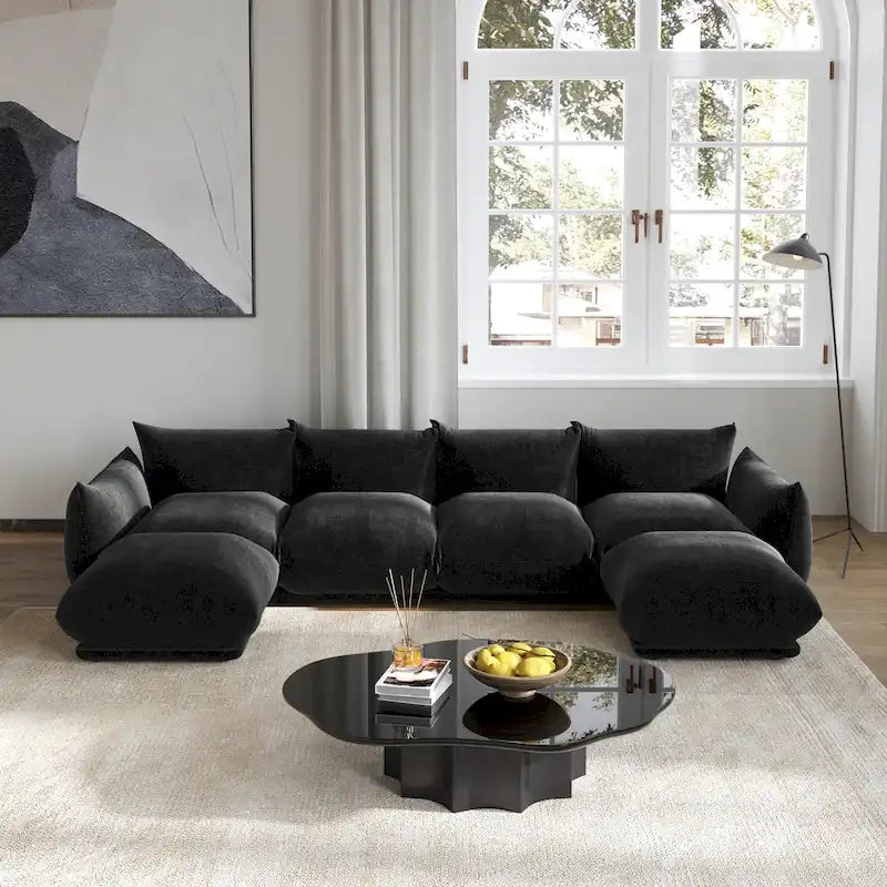 Canapé d'angle en L, canapé modulable minimaliste en chenille avec pouf